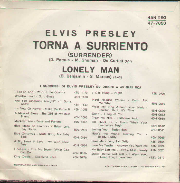 Torna A Surriento Surrender / Lonely Man